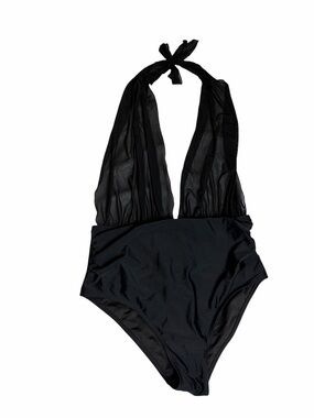 Black halter tie neck sheer mesh top nylon one piece swimsuit size L